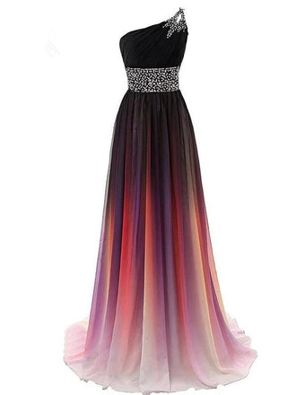One Shoulder Chiffon Ombre Beaded Long Evening Prom Dresses, QB0362