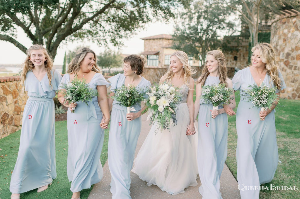 Mismatched Light Blue Chiffon A-line Long Cheap Floor-Length Bridesmai QueenaBridal Mismatched Light Blue Chiffon A-line Long Cheap Floor-Length Bridesmai QueenaBridal