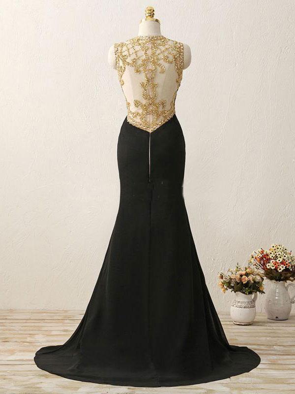 Black Chiffon with Gold Beaded Sweep Train Mermaid Prom Dresses, QB034 QueenaBridal Black Chiffon with Gold Beaded Sweep Train Mermaid Prom Dresses, QB034 QueenaBridal