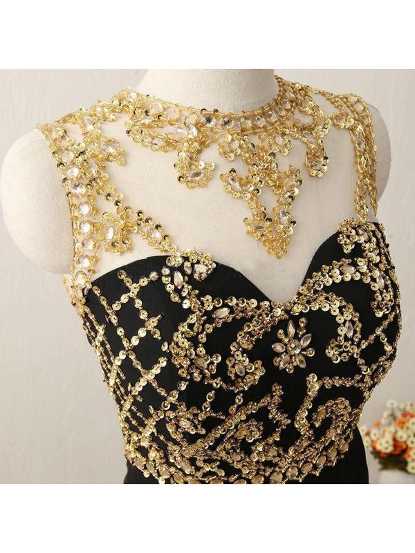 Black Chiffon with Gold Beaded Sweep Train Mermaid Prom Dresses, QB034 QueenaBridal Black Chiffon with Gold Beaded Sweep Train Mermaid Prom Dresses, QB034 QueenaBridal