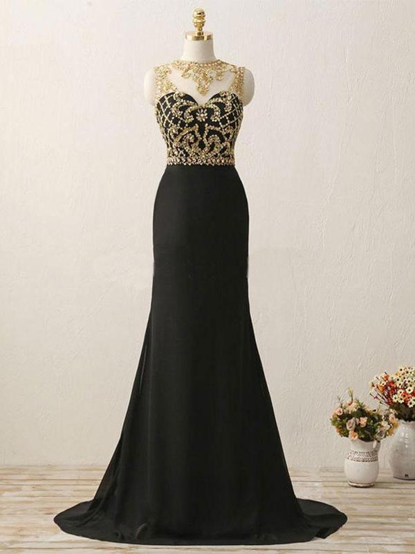 Black Chiffon with Gold Beaded Sweep Train Mermaid Prom Dresses, QB034 QueenaBridal Black Chiffon with Gold Beaded Sweep Train Mermaid Prom Dresses, QB034 QueenaBridal