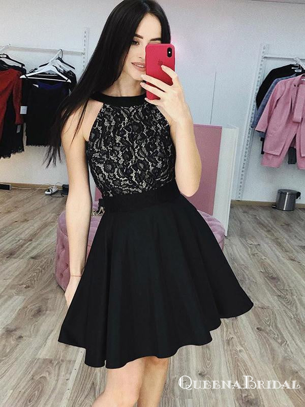 Cute A Line Round Neck Lace Black Short Homecoming Dresses, QB0866