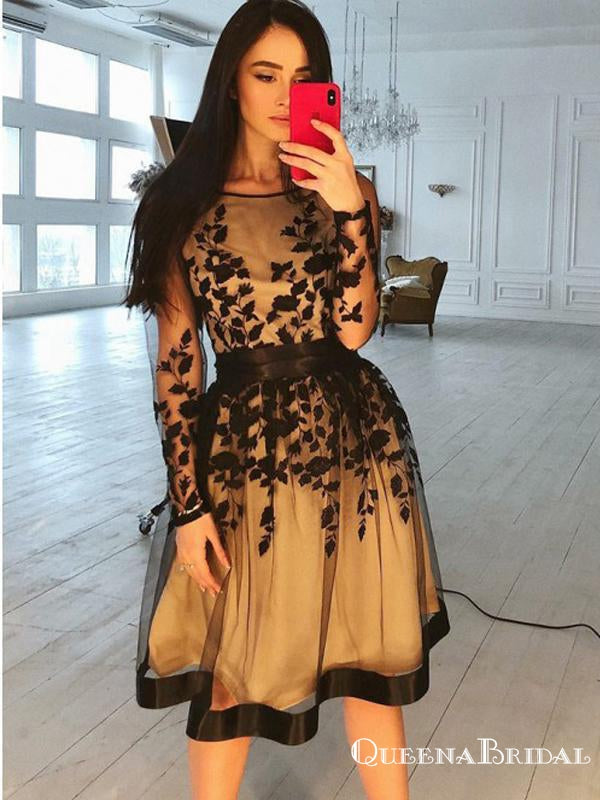Charming A-line Bateau Long Sleeves Black Appliqued Short Cheap Homeco QueenaBridal Charming A-line Bateau Long Sleeves Black Appliqued Short Cheap Homeco QueenaBridal