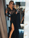 Charming Long Sleeves Black Side Slit Long Evening Prom Dresses, QB0402