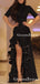 Elegant High Neck Half Sleeves Side Slit Black Evening Party Formal Prom Dresses With Beaded, PDS0025
