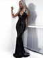 Mermaid Spaghetti Strap Backless Long Black Sequined Prom Dresses, QB0498