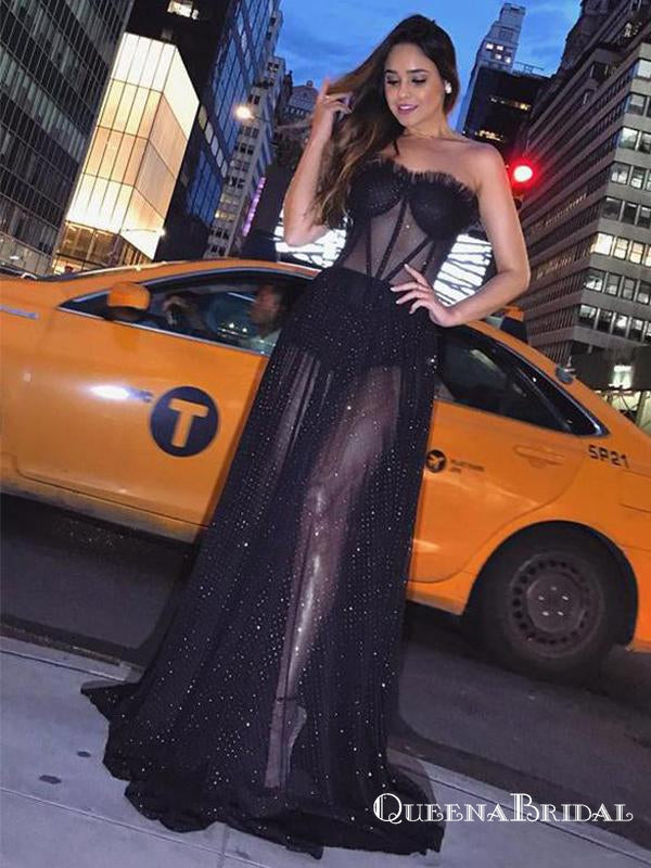 Strapless Black Long Evening Gowns Prom Dresses with Sequins for Women, QB0772