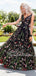 Black Embroidery V Neck Long Sexy Evening Prom Dresses, QB0442