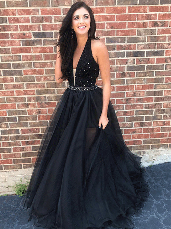V Neck A line Black Rhinestone Tulle Cheap Evening Prom Dresses, QB044 QueenaBridal V Neck A line Black Rhinestone Tulle Cheap Evening Prom Dresses, QB044 QueenaBridal