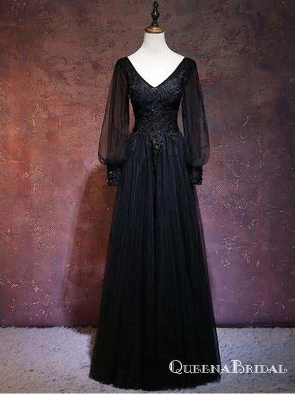 Elegant Black Tulle A-Line Prom Dress with Long Puff Sleeves-Gothic La QueenaBridal Elegant Black Tulle A-Line Prom Dress with Long Puff Sleeves-Gothic La QueenaBridal