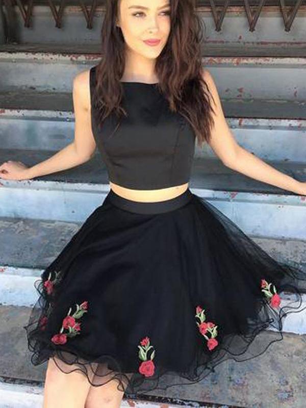 Cute Simple Two Piece Black Lace Cheap Homecoming Dresses 2018, CM416