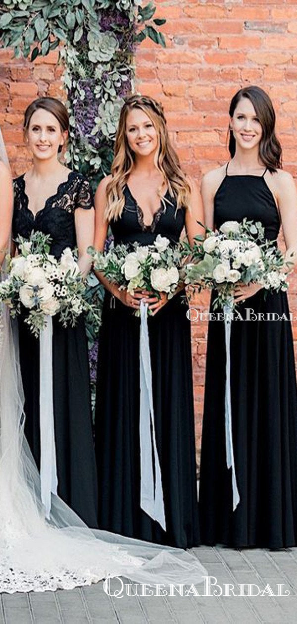 Mismatched Black Chiffon A-line Long Cheap Wedding Bridesmaid Dresses, QueenaBridal Mismatched Black Chiffon A-line Long Cheap Wedding Bridesmaid Dresses, QueenaBridal