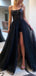 Sexy Black A-line Spaghetti Straps High Slit Maxi Long Prom Dresses,WGP278