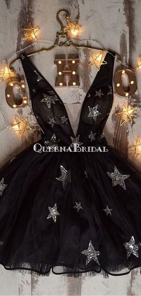 Black V-neck Tulle A-line Short Cheap Party Homecoming Dresses, HDS0038