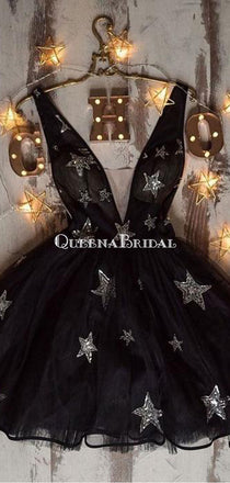 Black V-neck Tulle A-line Short Cheap Party Homecoming Dresses, HDS0038