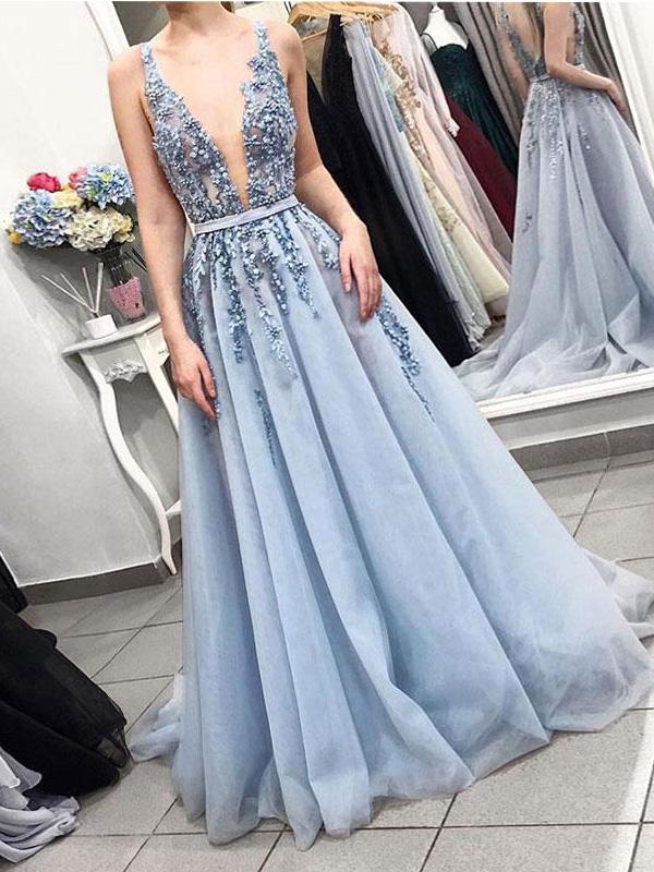 Sexy Backless Deep V Neck Dusty Blue Lace Long Evening Prom Dresses, Q QueenaBridal Sexy Backless Deep V Neck Dusty Blue Lace Long Evening Prom Dresses, Q QueenaBridal