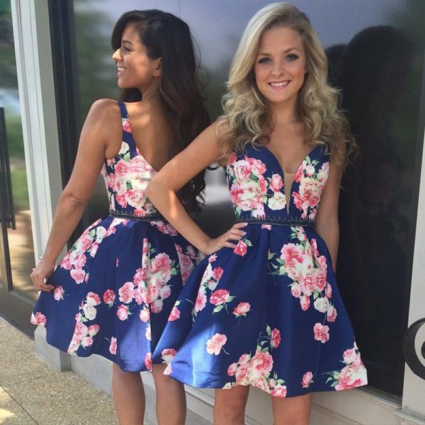 Sexy V-Neck Straps Short Cheap Floral Print Satin Homecoming Dresses, – QueenaBridal