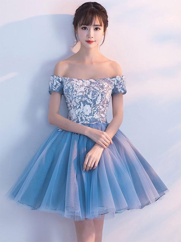 Cheap Blue Off Shoulder Lace Cute Homecoming Dresses, CM446 QueenaBridal Cheap Blue Off Shoulder Lace Cute Homecoming Dresses, CM446 QueenaBridal