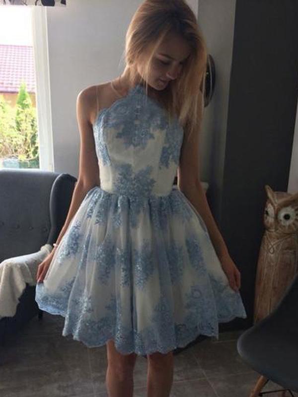 Blue Lace Scoop Neck See Through Cheap Homecoming Dresses 2018, CM414