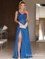 A-Line One-Shoulder Long Blue Ruched Prom Dresses with Split, QB0495