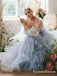 Cute Lovely Square Neckline Long Sleeves Blue Tulle Long Cheap Wedding Dresses, QB0937