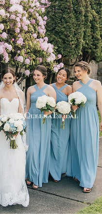 Charming Halter Blue Chiffon Floor Length Cheap Bridesmaid Dresses, BDS0113