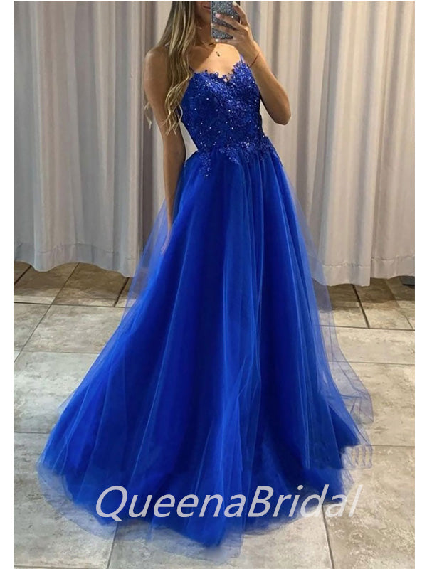 Blue A-line Lace Applique Spaghetti Straps Maxi Long Prom Dresses Online,WGP275
