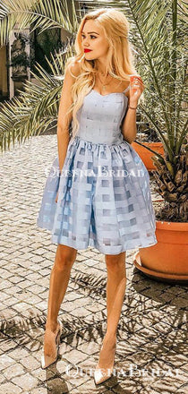 Sweetheart Blue Satin A-line Short Cheap Party Homecoming Dresses, HDS0023