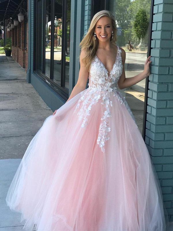 Blush Pink Lace Applique Ball Gown Long Ball Gowns Short Prom Dresses, QueenaBridal Blush Pink Lace Applique Ball Gown Long Ball Gowns Short Prom Dresses, QueenaBridal