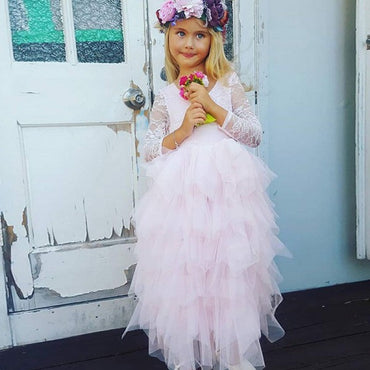 Cute Round Neck Backless Asymmetry Blush Pink Flower Girl Dresses with Lace, QB0088