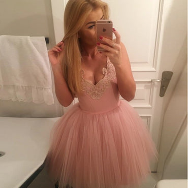 Pretty V-Neck Short Cheap Blush Pink Appliques Homecoming Dresses, QB0188