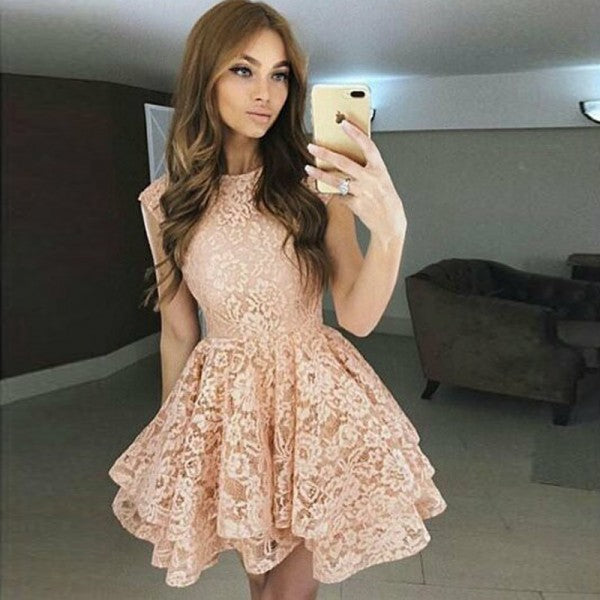 Pretty Bateau Cap Sleeves Blush Pink Short Cheap Lace Homecoming Dress QueenaBridal Pretty Bateau Cap Sleeves Blush Pink Short Cheap Lace Homecoming Dress QueenaBridal