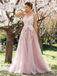 Jewel Neck A-line Lace Applique Pink Evening Prom Dresses, QB0455