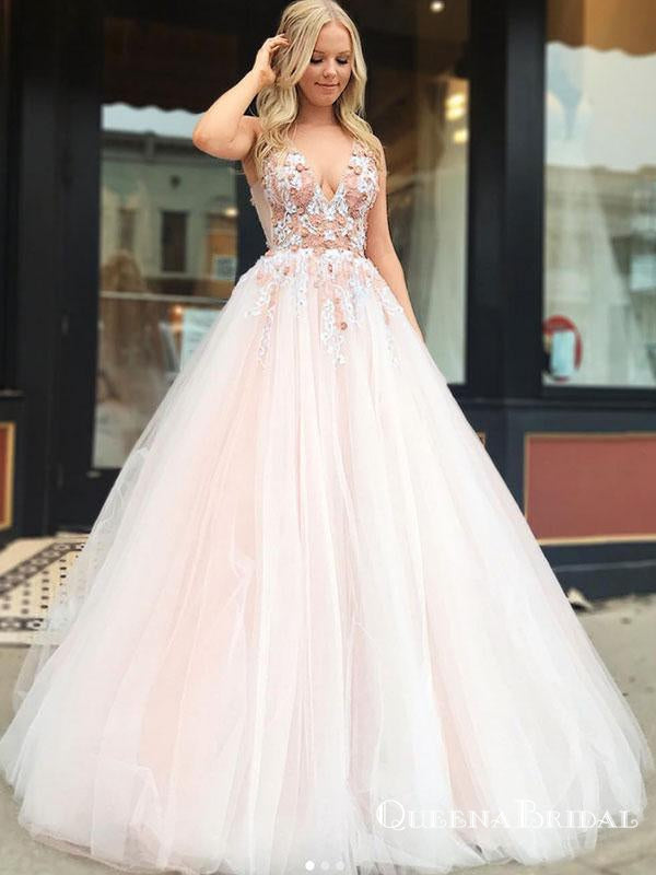 Charming Blush Pink Plus Size V Neck Tulle Ball Gown Prom Dresses
