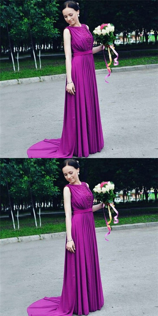 Elegant Round Neck Long Cheap Purple Bridesmaid Dresses Online, QB0207
