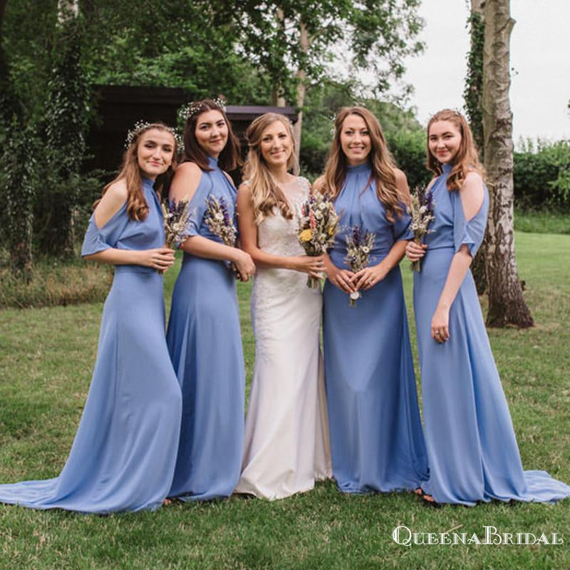 Unique Desigh Halter Neckline Short Sleeves A-line Long Cheap Blue Jersey Bridesmaid Dresses, QB0947
