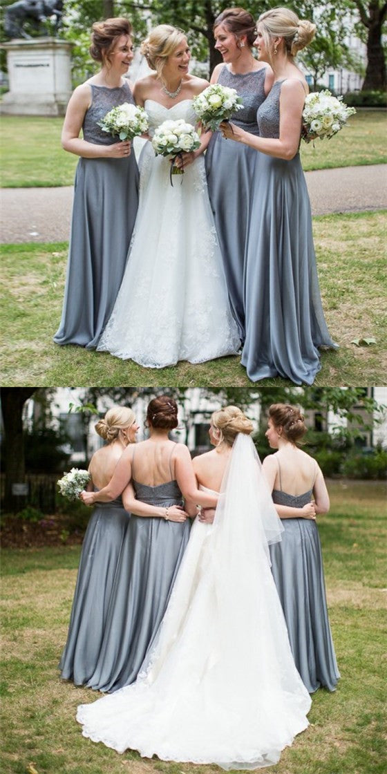 Elegant Round Neck Long Cheap Dark Grey Satin Bridesmaid Dresses with QueenaBridal Elegant Round Neck Long Cheap Dark Grey Satin Bridesmaid Dresses with QueenaBridal
