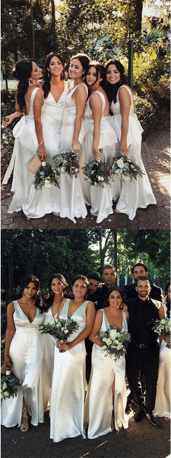 Charming Mermaid White V-neck Split Backless Bridesmaid Dresses, QB064