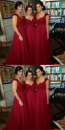Scoop Sleeveless Long Cheap Dark Red Chiffon Bridesmaid Dresses with Appliques, QB0162