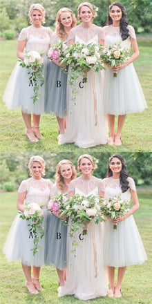 A-Line Round Neck Cap Sleeves Light Grey Tulle Short Cheap Bridesmaid Dresses with Lace, QB0034