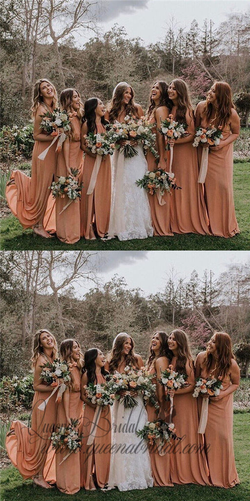 2020 Crew Long Dusty Orange Chiffon Bridesmaid Dresses with Split, QB0483