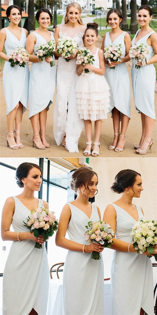 Sexy V-Neck Sleeveless Asymmetry Light Blue Satin Short Cheap Bridesmaid Dresses Online, QB0166