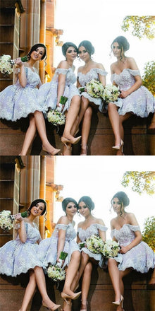 Pretty Off Shoulder Lavender Lace Short Cheap Bridesmaid Dresses Online, QB0023