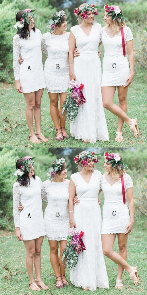 Mismatched Tight Short White Lace Cheap Bridesmaid Dresses Online, QB0126