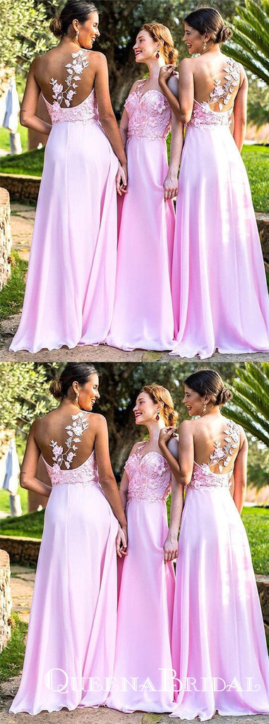A-Line Illusion Round Neck Pink Chiffon Bridesmaid Dresses with Appliques, QB0629