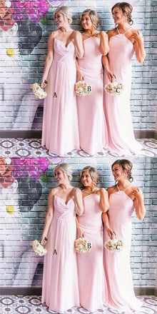Mismatched Spaghetti Straps Long Pink Chiffon Cheap Bridesmaid Dresses Online, QB0010