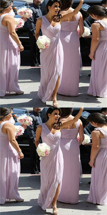 Elegant One Shoulder Long Cheap Lilac Chiffon Bridesmaid Dresses Online, QB0167