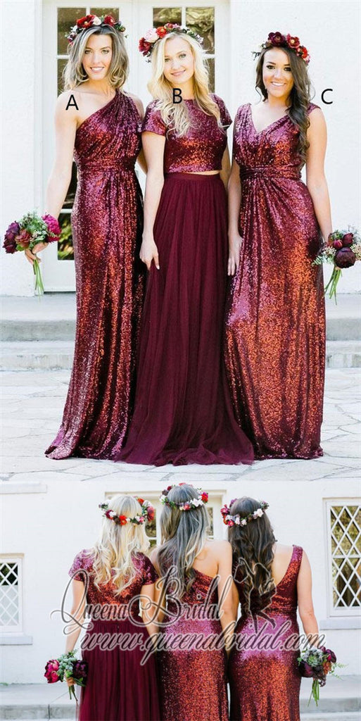 Dark Red Sequin Mismatched Custom Long Bridesmaid Dresses, WG235