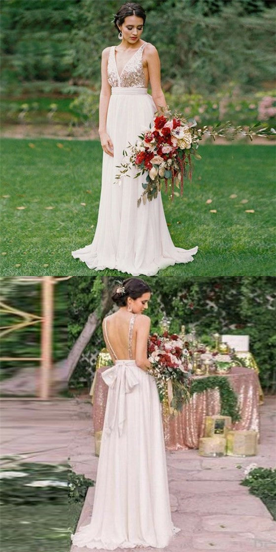Sexy Deep V-Neck Backless White Chiffon Gold Sequin Bridesmaid Dresses QueenaBridal Sexy Deep V-Neck Backless White Chiffon Gold Sequin Bridesmaid Dresses QueenaBridal