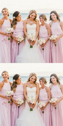 Pretty Round Neck Long Cheap Lilac Chiffon Bridesmaid Dresses with Bow Knot, QB0129